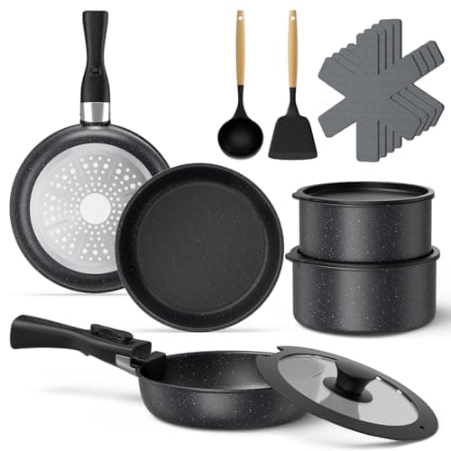 Image of Gvdeirn Non Stick Pots and Pans Set 17pcs, 2 Frying Pans 3 Saucepans Detachable Handle, Induction Compatible, Oven Safe, Durable Cookware for Healthy Cooking, Black