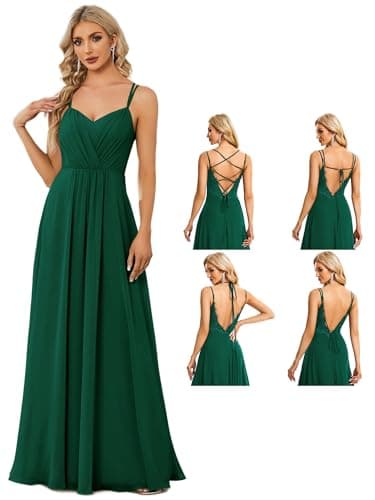 Image of Ever-Pretty Women's Chiffon Adjustable Spaghetti Strap Deep V-Neck Backless Bridesmaid Dress Dark Green 12UK