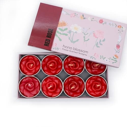 Image of 8 Handmade Scented red Rose tealight Candles in a Beautiful Gift Box with Blue Botanic Design