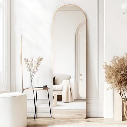 Image of CROWNSHOP Full Length Mirrors 160x50cm Free Standing Arched Aluminium Alloy Tempered Glass Floor Mirror Wall Full Body Large Hanging Mirror For Hallway, Living Room, Bedroom (160x50cm-Gold)