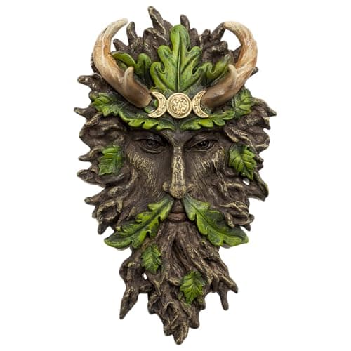 Image of Darthome Green Man Tree Face Wall Plaque, Resin Garden Decor, Gothic Forest Treeman with Horned Crown, Hand Painted, 17x28x5cm