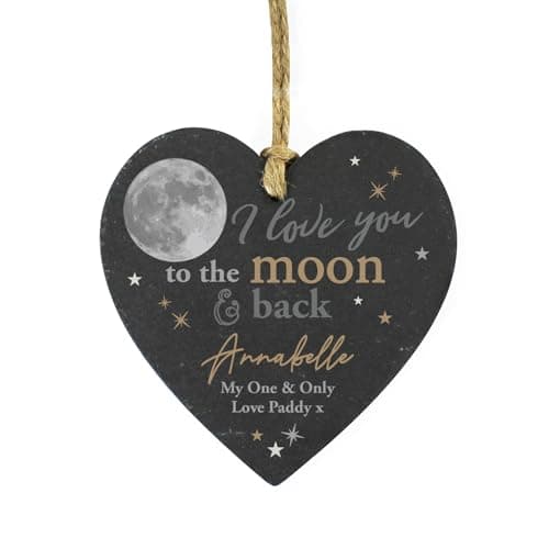 Image of Personalised I Love You To The Moon and Back Hanging Heart Slate Valentine Special Someone Gift 11cm