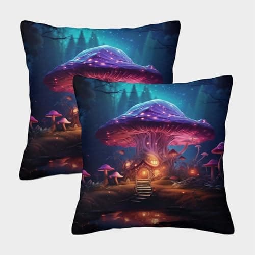 Image of POLIUAWS Magic Mushroom House Slip Silk Pillowcase for Wedding Square Extra Large Queen Size Pillow Cases 40x40cm