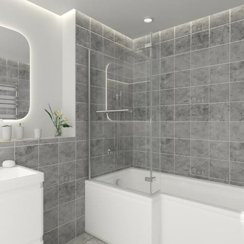 Image of NRG 810 x 1400mm L Shaped Bath Screen with Hinged Return and Towel Rail Chrome Framed Safety Glass