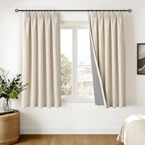 Image of INOVADAY 100% Blackout Curtains for Bedroom 54 inch Drop, Thermal Insulated Curtains & Drapes Cream Pencil Pleat Curtains for Living Room with Coated Backing 2 Panels, 46" W x 54" L