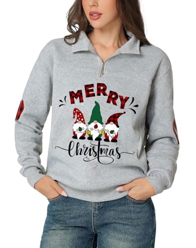 Image of Glimnerize Christmas Womens Tops Sweatshirt Christmas Jumper Gnome Funny Graphic 1/4 Zip Standing Collar Hoodie Grey-A7 S