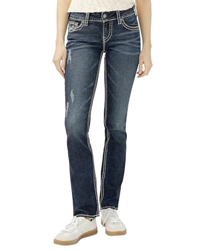 Image of Silver Jeans Co. Women's Suki Mid Rise Curvy Fit Straight Leg Jeans, Vintage Dark Wash with Lurex Stitch, 29W x 36L
