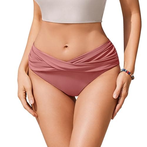 Image of Ekouaer Women's Bikini Bottoms Swim Pants Twist Front Ruched Swimsuit Basic Swimwear Dusty Rose L