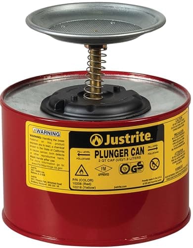 Image of Justrite 10208 Steel Plunger Safety Can with Brass and Ryton Pump Assembly, 2 L Capacity, 7-1/4" OD x 7-3/8" H, Red
