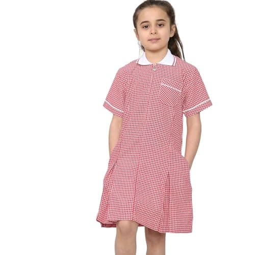 Image of Hiffy Girls Gingham School Dress with Matching Scrunchie – Short Sleeve Checked Uniform Dress with Collar & Pockets – Comfortable Cotton Blend Summer Dress for Kids (UK, Age, 6 Years, Regular, Red)