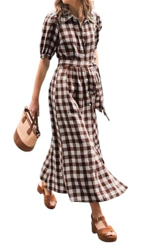 Image of CHARTOU Women Summer Plaid Puff Short Sleeve Dress Button Down Long Shirt Dress with Belt, Chocolate Brown, XL