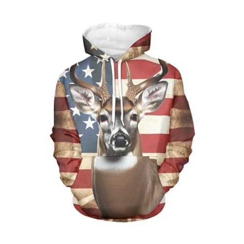 Image of WELLFLYHOM Womens College Sweatshirts And Hoodies with Pocket Long Sleeve Pullover Jumper, 0 Hunting Deer American Flag, XL