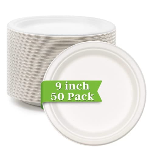 Image of Ask Packaging Strong Paper Plates (9 Inch / 50-Pack) 100% Compostable Heavy-Duty Eco-Friendly Disposable Bagasse Plates, Made of Natural Sugarcane Fibers – 9" Biodegradable Paper Plate