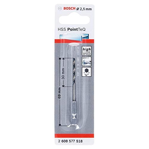 Image of Bosch Professional PointTeQ Hex Drill Bit (for Metal, Ø: 2.5 mm, Total Length: 69 mm, ¼’’ Hex Shank, Accessory for Impact Drivers and Drill Drivers)