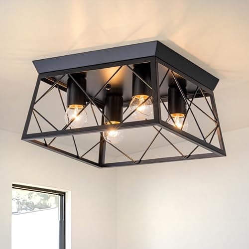 Image of FTL 4-Light Ceiling Lights Black, Industrial Square Ceiling Light, E27 Close to Ceiling Light Fittings, Metal Cage Ceiling Lighting Fixture, Living Room Flush Mount Ceiling Lamp for Hallway, Bedroom
