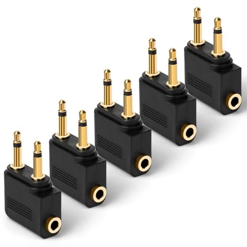Image of AXFEE Airplane Flight Headphone Adapters, 5 Pack Gold Plated 3.5mm Airplane Flight Adapters for Headphones, Airplane Headphone/Earphone Socket Adaptor, Stereo Aux Jack Headphone Adapters, Black