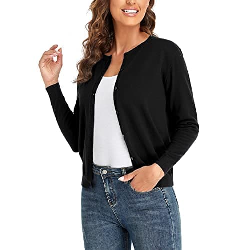 Image of CUNYI Women’s Cardigan Long Sleeve Sweater Lightweight Classic Crew Neck Ladies Coat with Buttons Casual Open Front Elegant Outerwear, Black M