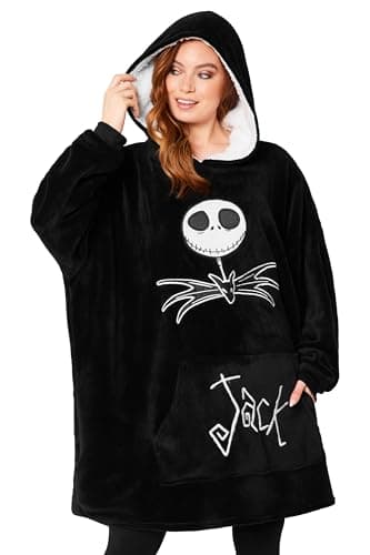 Image of Disney Fleece Hoodie for Adults and Teenagers Oversized Hooded Poncho One Size - Stitch Gifts (Black Jack Skellington)