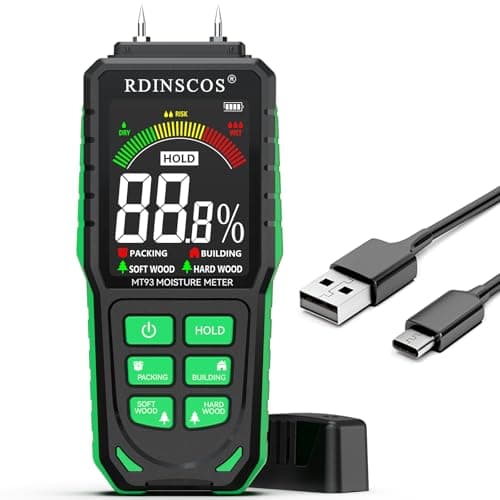 Image of RRDINSCOS Rechargeable Pinless Moisture Meter, Damp Meter for Walls Caravan Wood Masonry Logs, Non-Invasive Damp Tester Detector with LCD Color Display, Visual & Audible Alarm, Storage Bag(Pin Type)