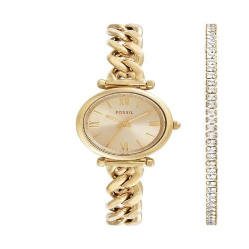 Image of Fossil Carlie Watch for Women, Gold Tone Quartz Three Hand Movement with Stainless Steel Strap,Gold Tone Set