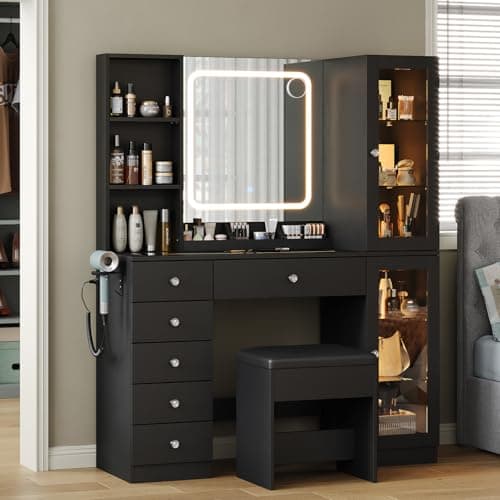 Image of FUSOU Dressing Table with LED Mirror, Vanity Desk with Charging Station, 2 Cabinets & 3 Open Shelves, 6 Drawers Vanity Set with Glass Top, Makeup Vanity Table for Bedroom, Black