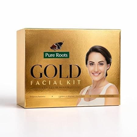 Image of Roots Gold Facial Kit 5 Step for Men & Women | Instant Gold Glow, Skin Brightening & Polishing Facial | Cleanser, Gel, Scrub, Cream & Pack | All Skin Types | 500 g Pack of 1