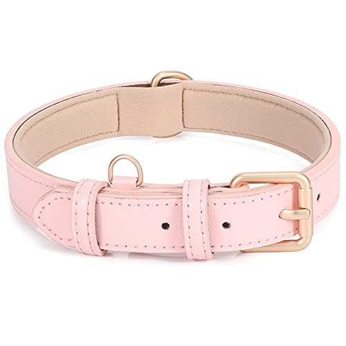 Image of Leather Dog Collar Adjustable Soft Leather Padded Collar Heavy Duty for Small Medium Large Size Dogs with Alloy Buckle(Pink,L)