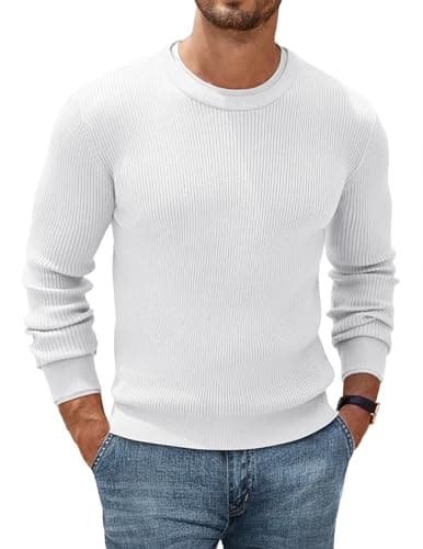 Image of COOFANDY Mens Basic Knitted Jumper Crew Neck Sweater Long-Sleeved Shirt Modern Fit Trendy Jumpers White L
