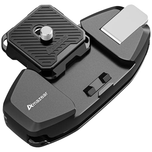 Image of AMAZEAR Camera Backpack Clip for DSLR, Upgraded One-Handed Operation Bag Strap Belt Clip with Quick Release Plate Mount for Canon Nikon Sony Fuji Go-Pro Action Cam with Safety Latch, Black