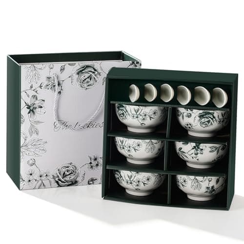 Image of CHUNGG Japanese Style Ceramic Bowl Set - 6 Bowls & 6 Spoons, Glazed Green Rose Pattern, Cereal Bowl/Soup Bowls for Salad, Dessert, Snacks, Ideal Japanese Gifts in Gift Box