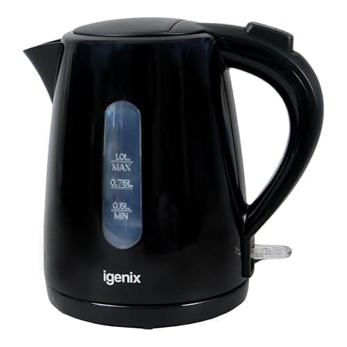 Image of Igenix IGK11022B Cordless Electric Jug Kettle, 2200 Watt Rapid Boil, 1 Litre Capacity, 360° Base, Cord Storage, Removeable, Washable Filter, Boil Dry Protection (Black)