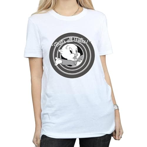 Image of LOONEY TUNES Women's Porky Pig That's All Folks Boyfriend Fit T-Shirt Medium White