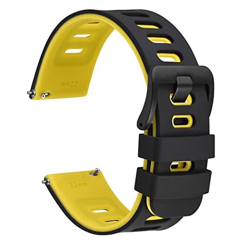 Image of WOCCI 20mm Bicolor Watch Strap, Silicone Rubber, Quick Release Replacement Band for Men and Women, Black Stainless Steel Buckle (Black-Yellow)