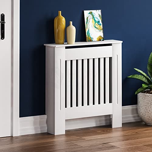 Image of Vida Designs Chelsea Radiator Cover White - Small - Modern Vertical Slat Design For Optimal Heat Circulation - H82xW78xD19cm - Painted MDF Cabinet Ideal For Living Room & Hallway