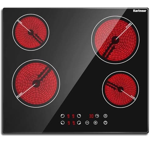 Image of Karinear Ceramic Hob, 60cm Built-in 4 Zones Ceramic Hob with Safe Lock, Timer, Touch Control 6000W, Hard Wired, No Plug Included
