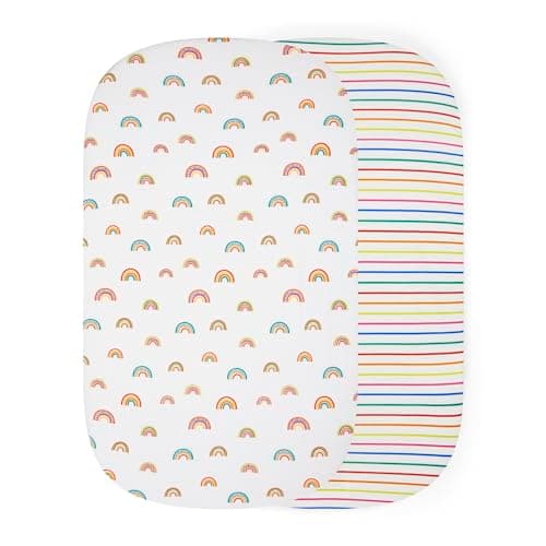 Image of Ickle Bubba 2 Pack Fitted Sheets (Rainbow Dreams) – 100% Soft Cotton, 61cm x 100cm, Compatible with Bubba&Me Bedside Crib, Drift, Mini Rocker, Scout Travel Crib, Stomp, Altima & Virgo Carrycots