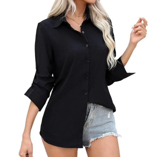 Image of Sahunfri Women’s Long Sleeve Dress Shirt Regular Fit,Black Blouse Shirts with Button Down for Women Business Office Wear Casual (UK, Alpha, M, Regular, Regular, Black)