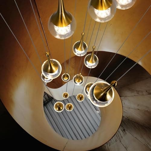 Image of AroimRex Gold LED Staircase Chandelier High Ceiling 12-Lights Dimmable Remote Modern Crystal Teardrop Water drop shaped Long Hanging Lamp for Stairwell Living Room Entryway Stair Foyer Pendant Light