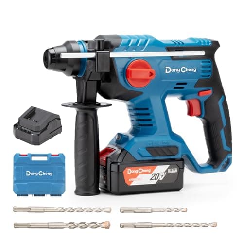 Image of DongCheng 20V Max Brushless Rotary Hammer Drill, 7/8" SDS-Plus, 2.1 J Impact, 4 Modes, 4,500 BPM, Cordless with 4.0Ah Battery, Fast Charger, 4 Bits, Case for Concrete Drilling & Demolition