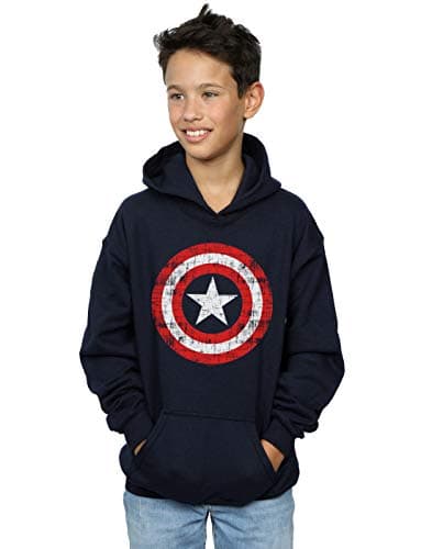 Image of Marvel Boys Avengers Captain America Scratched Shield Hoodie Navy Blue 9-11 Years
