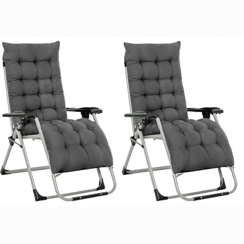 Image of Neo 2pcs Zero Gravity Sun Lounger With Cushions Padded Foldable Reclining Chair Portable Garden Furniture Camping Thick Comfortable Non-Slip Relaxer Indoor & Outdoor (Dark Grey)