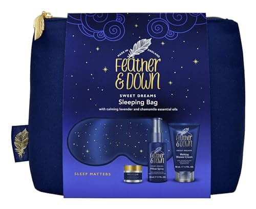 Image of Feather & Down Sleeping Bag Gift Set (luxury eye mask, sleep balm, pillow spray and shower cream) - relaxation gift with calming lavender & chamomile essential oils perfect for Mothers Day