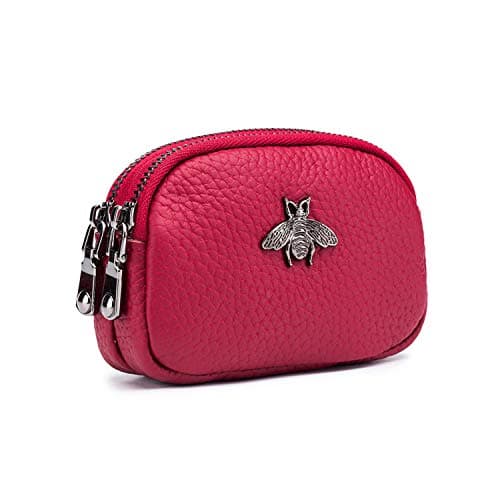 Image of ZOONAI Genuine Leather Double Zipper Coin Purse Bee Change Pouch Credit Card Holder (Wine Red)