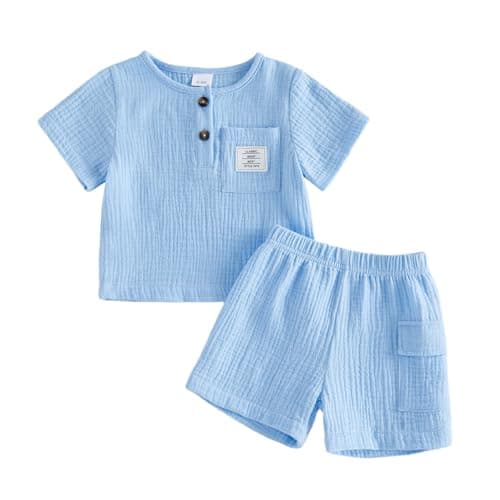 Image of XIXIMAON Toddler Baby Boy Summer Outfits Pocket Short Sleeve Button Up T-Shirt Solid Color Elastic Waist Shorts 2pcs Infant Cotton Linen Clothes Set (Blue, 6-9 Months)