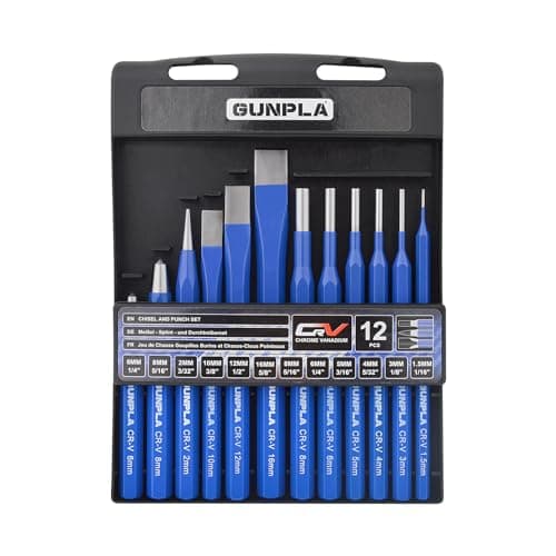 Image of Gunpla 12pcs Chrome Vanadium Steel Chisels and Punches Set, Bevel Edge, Metal Handle, 1.5-16mm, Center Punch, Flat Chisel, Pin Punch