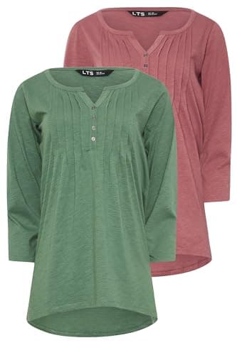 Image of Long Tall Sally - LTS Tall 2 Pack Green & Blush Pink Cotton Henley Tops - Women's