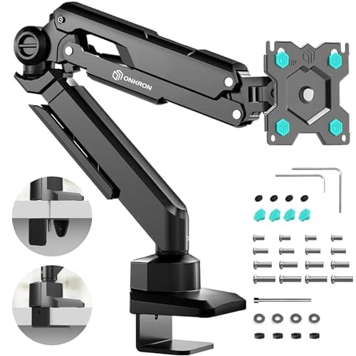 Image of ONKRON Single Monitor Arm Desk Mount for 13 – 34 Inch Screens up to 10 kg, Gas Spring Monitor Arm VESA 75x75-100x100, Full Motion Computer Screen Stand for Desk, Clamp & Grommet Black G90-B