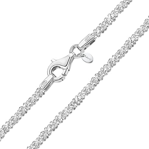 Image of Amberta Italian 925 Sterling Silver Diamond Chain for Women - 1.7 mm Snow/Rock Silver Chain Necklace: 16 inch/ 40 cm Clavicle Chain Necklace