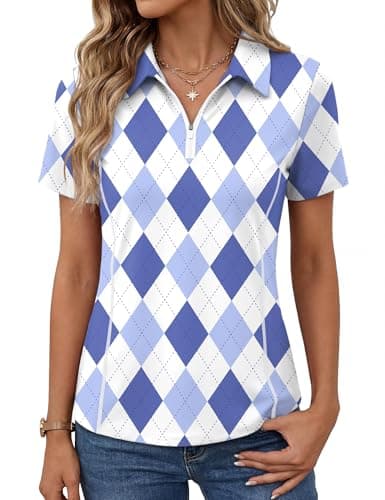 Image of Rapbin Gym Tops Ladies Polo Shirts Quarter Zip Running Tops Ladies Golf Tennis Clothes UV50+ Breathable Workout Yoga Top Moisture Wicking Sports T Shirt Purple Plaid XXL