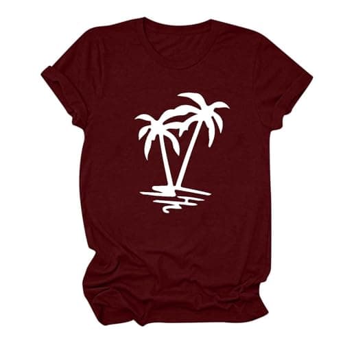 Image of T-Shirts for Women UK Trendy Sunset Coconut Tree Graphic Tee Shirt Casual Hawaiian Short Sleeve Top Loose Soft Summer Printed Tops Basic Tshirt Daily/Hawaii/Beach Wear S-3XL